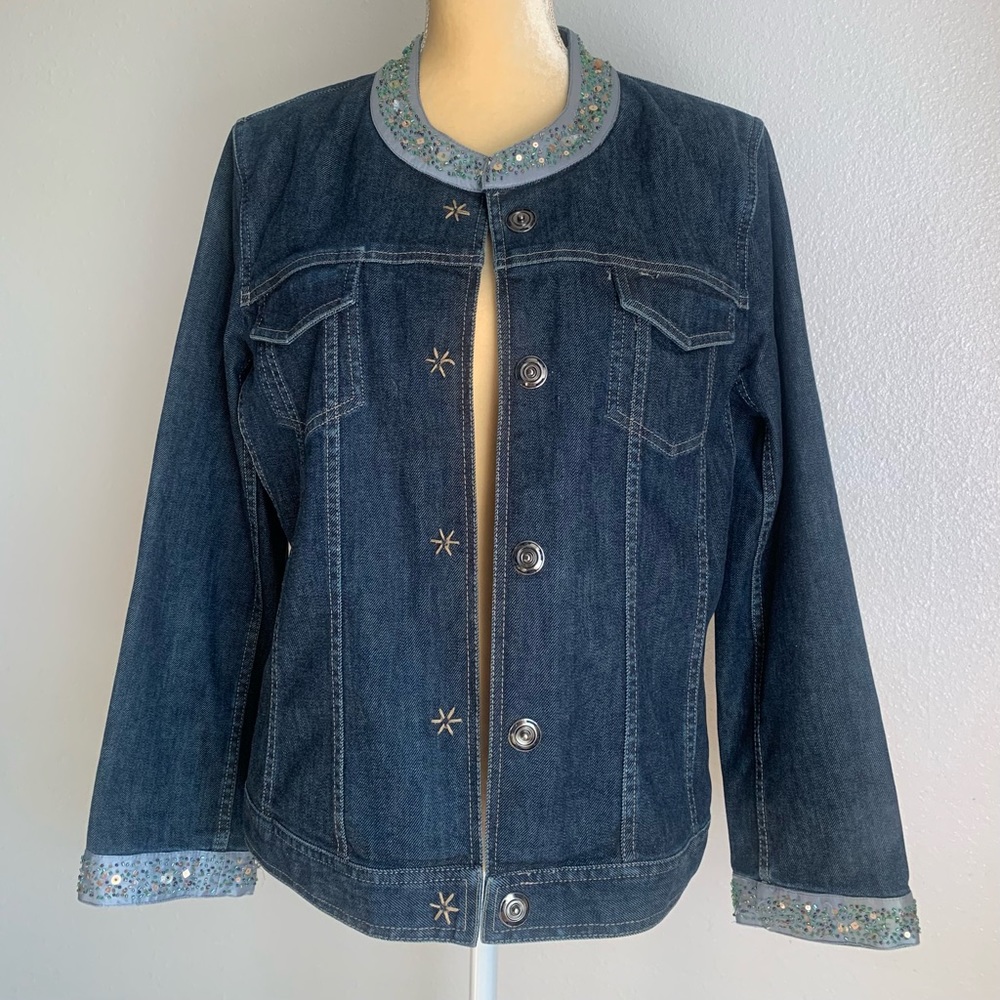 J. Jill Womens Jean Jacket Blue Snap Flap Pockets Embellished Collarless Denim M